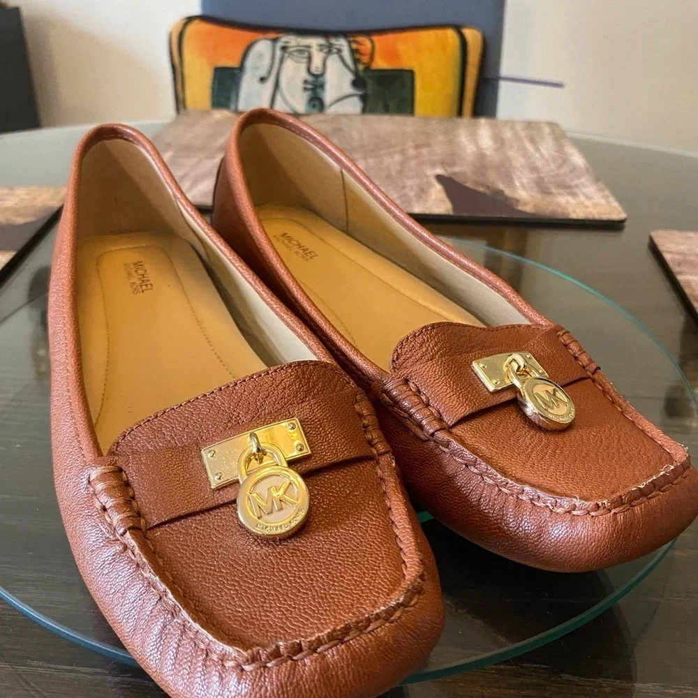 Michael Kors Brown Leather Loafers with Gold Accents